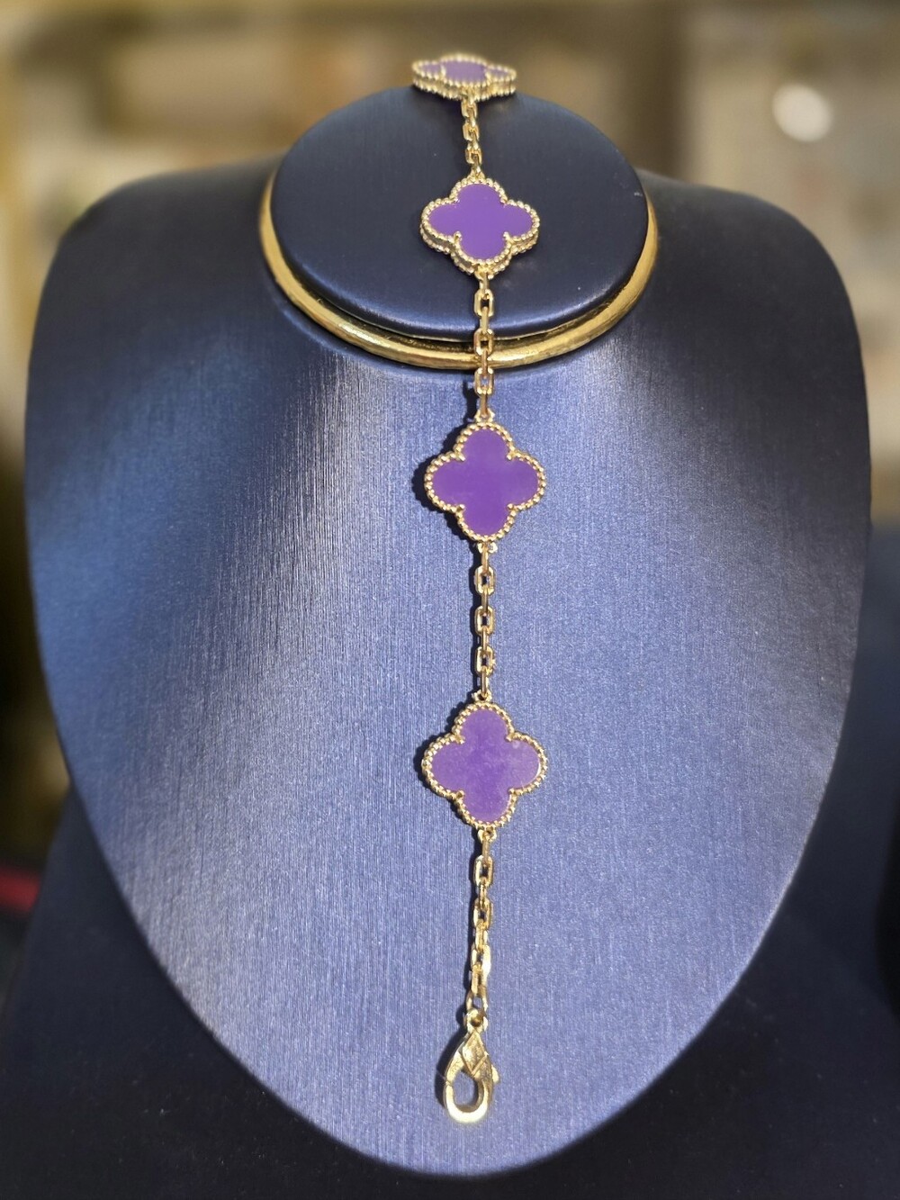 Sterling Silver Gold Tone Bracelet with Purple Clover Motifs